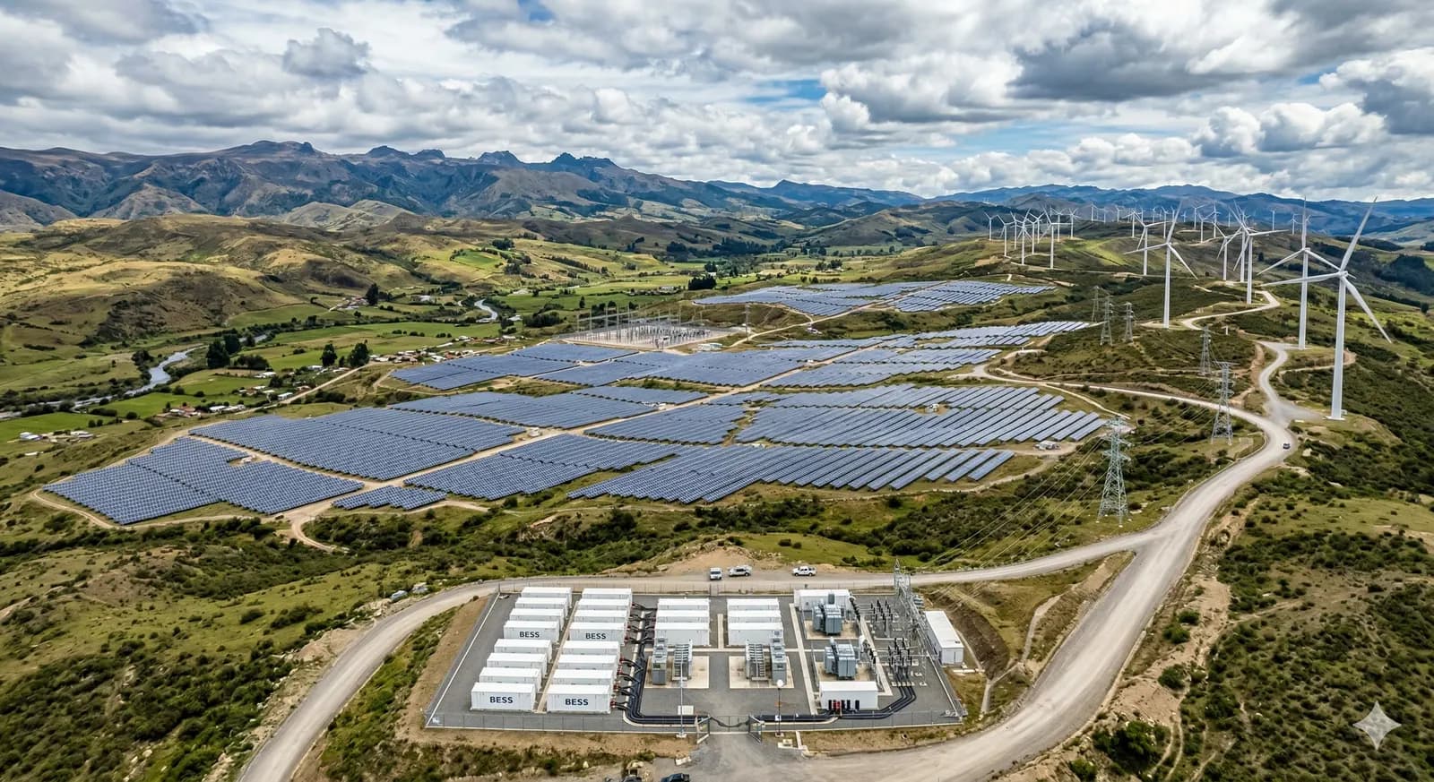 Solar farm with wind turbines and battery storage supporting the energy transition